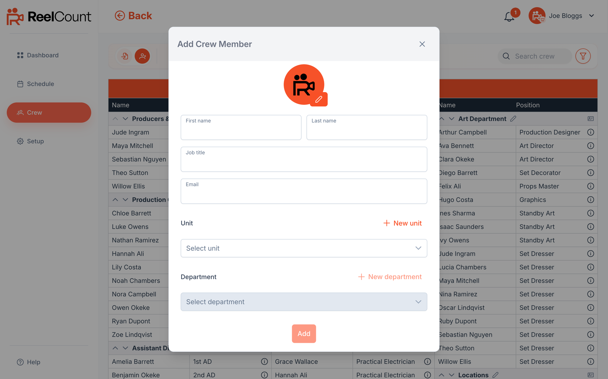 Add crew dialog with name, job title, email, unit and department fields