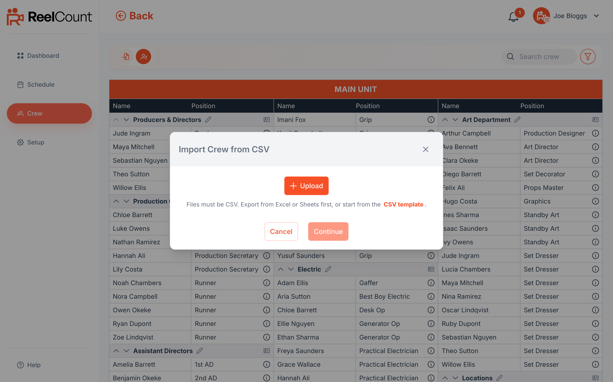 CSV import dialog with column mapping for Name, Job title, Email, Unit and Department