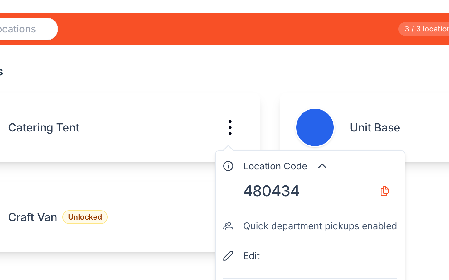 Close-up of the Location Code popover with copy button