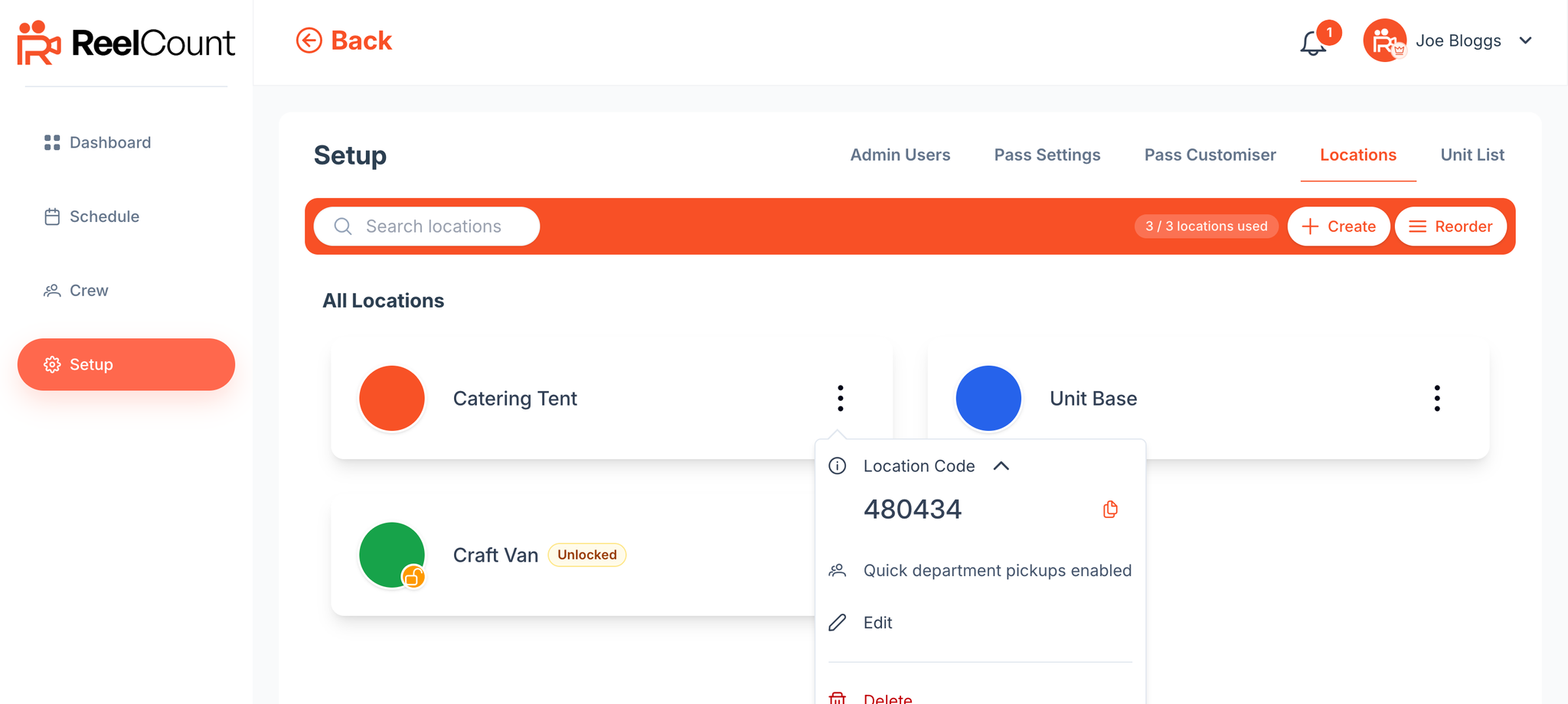 Setup Locations tab with Location Code menu open on a location card
