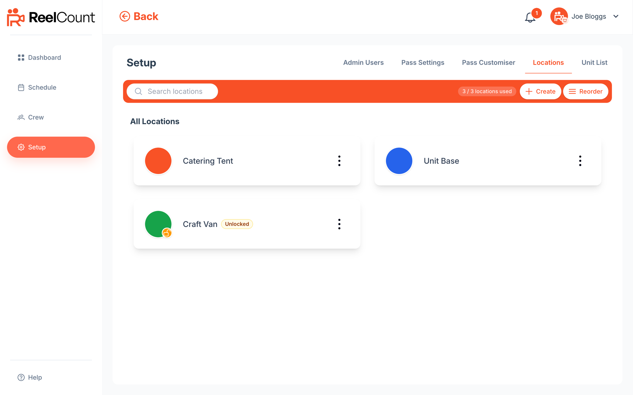Setup tab open on Locations with Admin Users, Pass Settings, Pass Customiser, Locations and Unit List