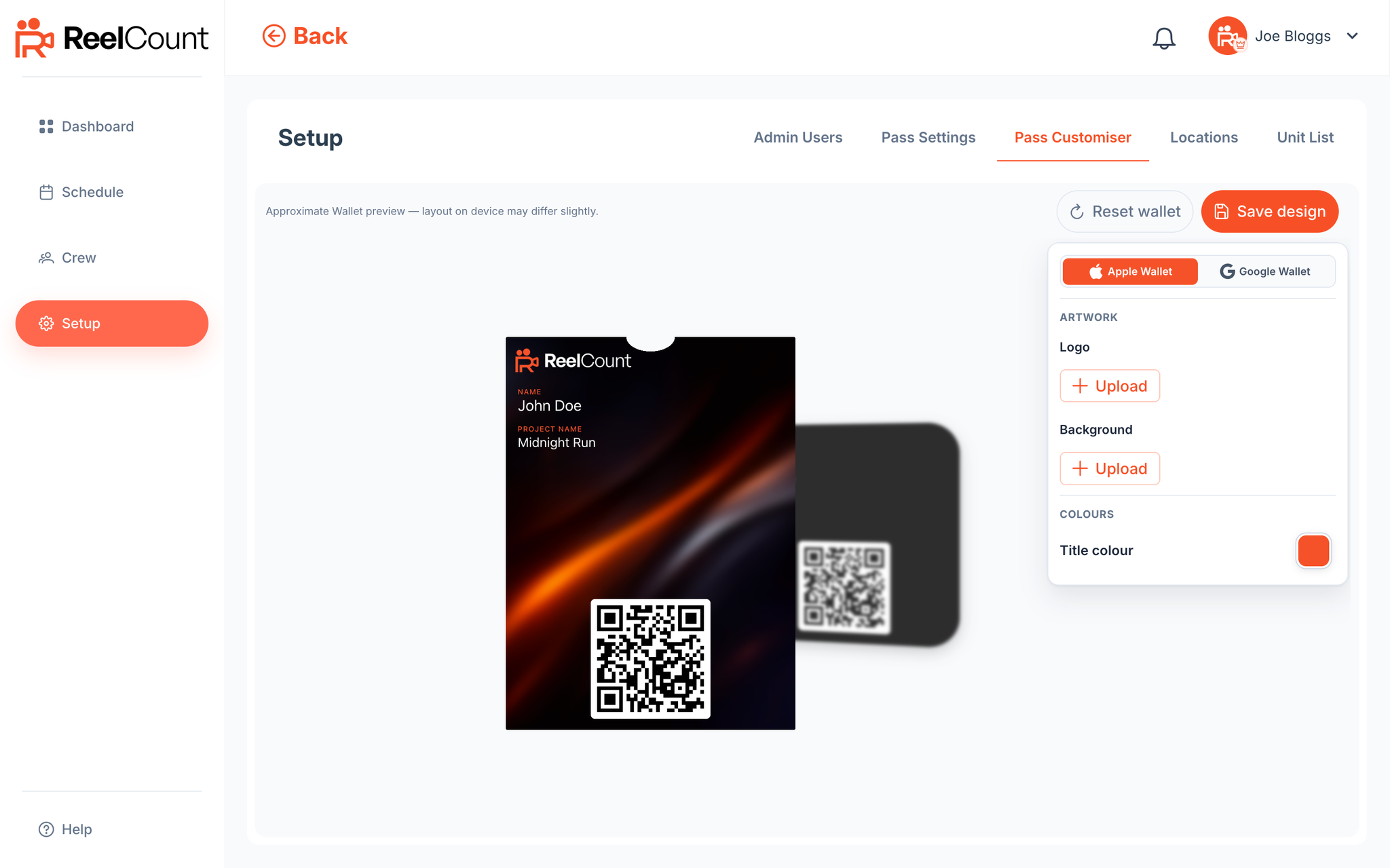 Pass Customiser with Apple Wallet preview, artwork uploads, and title colour control