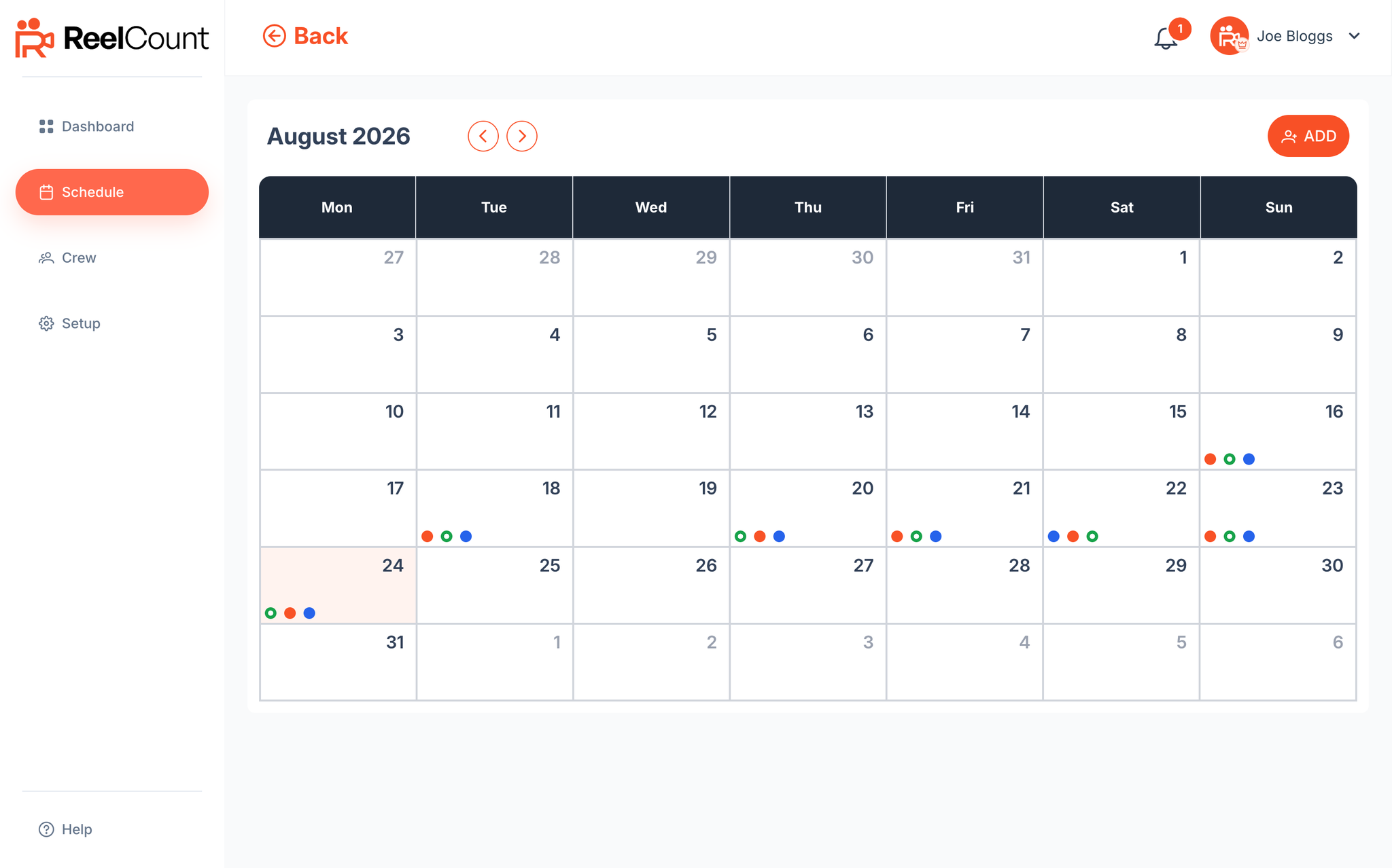 Schedule calendar with coloured location pucks on scheduled days